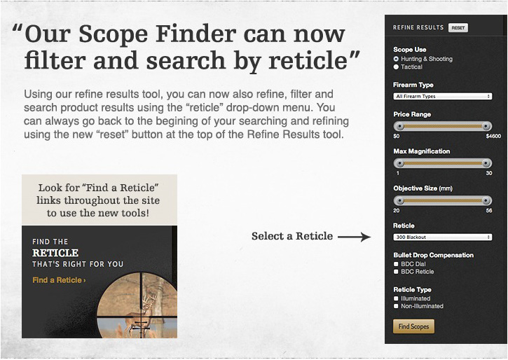 Search and filter by reticle for Leupold scopes